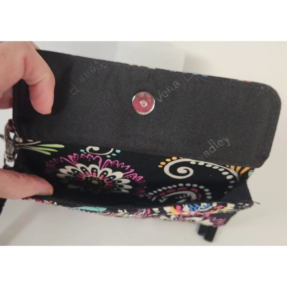 Vera Bradley Black Cotton Double Zipper Wristlet Wallet Floral Flowers